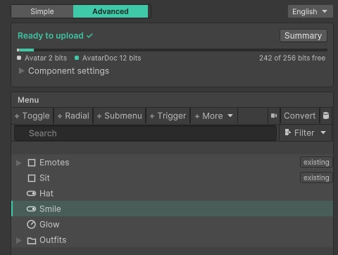 The AvatarDoc inspector with buttons for a toggle, a radial, a submenu and a trigger above a menu of Emotes, Sit, Hat, Smile, Glow and Outfits.