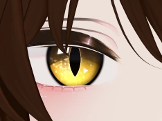 The same eye with procedural eyes installed, now a glowing yellow iris with a slit pupil.