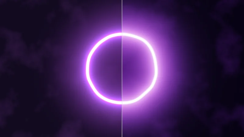 The same demo rendered in Unity. A glowing purple ring in a dark sky, clipped and flat on the left and tone mapped with a soft bloom on the right.