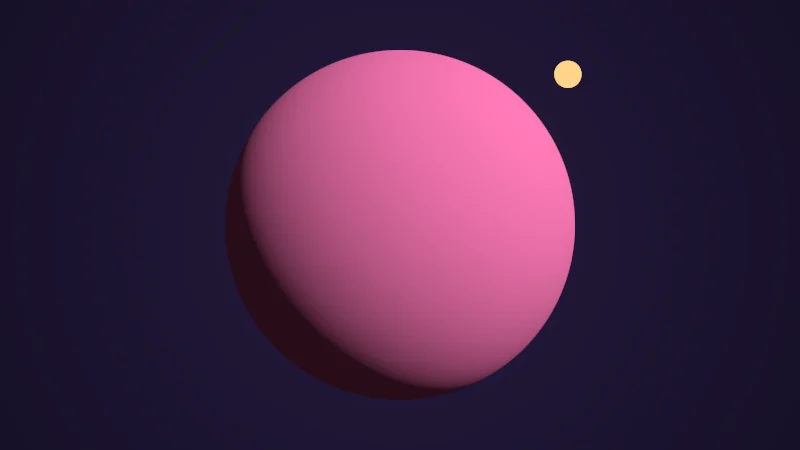 The same demo rendered in Unity. A pink sphere on a dark background, lit from the upper right, with a small butter sun showing where the light is.