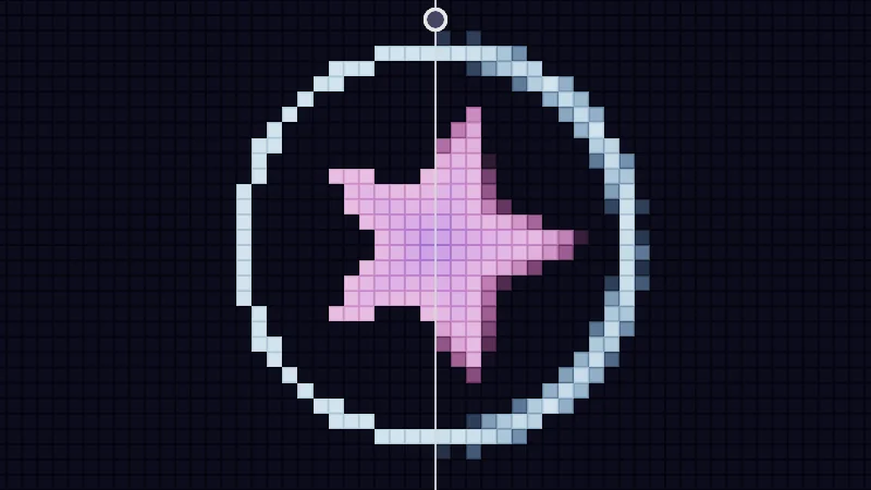 The same demo rendered in Unity. A pink star in a pale blue ring on a grid of big pixels, jagged left of a divider and smooth right of it.