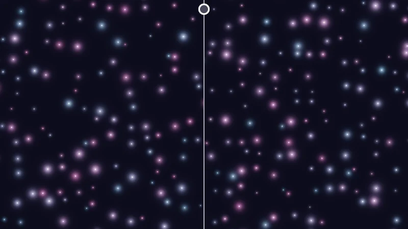 The same demo rendered in Unity. Twinkling sparkles in a dark sky, one per grid cell, with a split line down the middle.