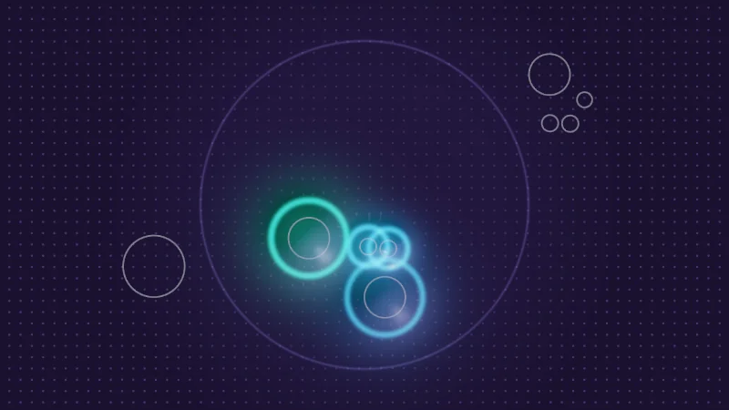 The same demo rendered in Unity. Glowing blue, orange and aqua rings light a dented, dotted surface under the hands of three players.