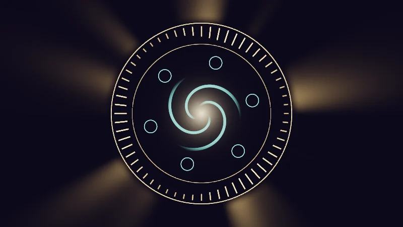 The same demo rendered in Unity. A golden magic circle with soft rays outside, a ring of moving ticks, six turning aqua circles and an aqua spiral round a bright centre.