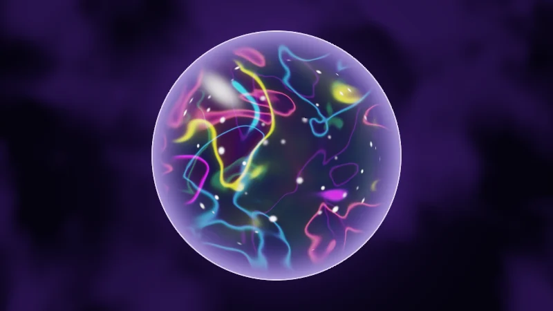 The same demo rendered in Unity. A glass orb full of slowly swirling rainbow streaks and twinkling white stars, in front of dark purple smoke.