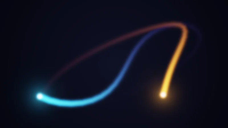 The same demo rendered in Unity. Two glowing brushes drawing long light trails that change colour and slowly fade on a dark background.