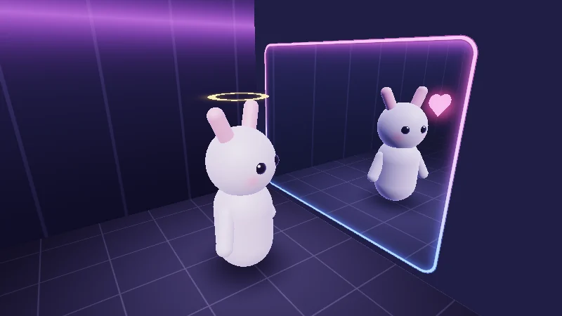 The same demo rendered in Unity. A toy bunny avatar with a gold halo next to a neon framed mirror. In the reflection the halo is gone and a pink heart floats.