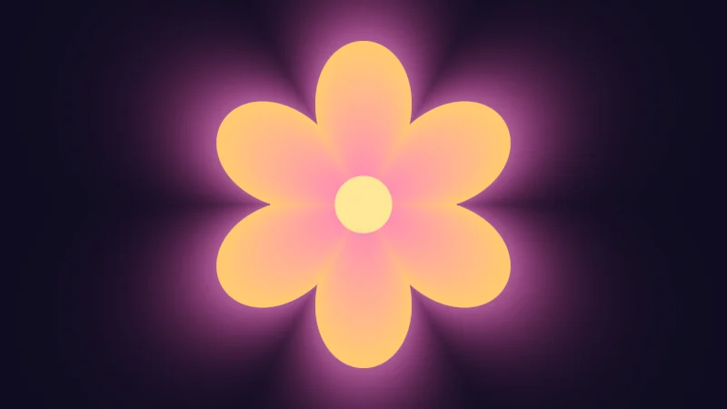 The same demo rendered in Unity. A glowing flower with six pink and orange petals and a butter yellow middle on a dark background.