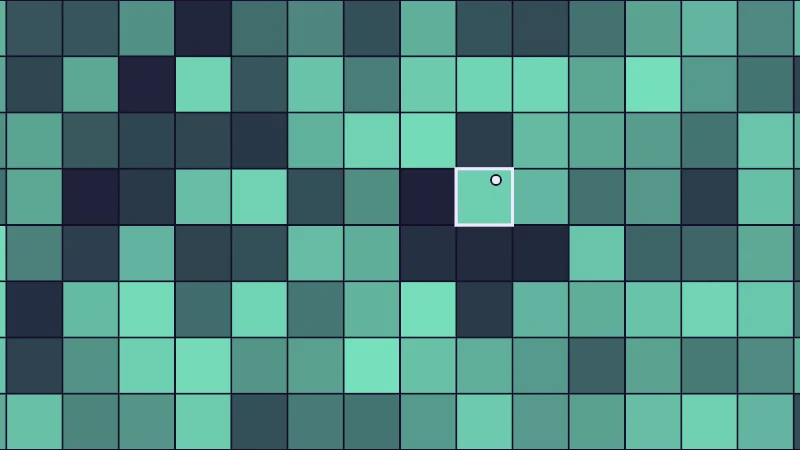 The same demo rendered in Unity. A grid of squares in random shades of mint, with one square outlined around a draggable point.