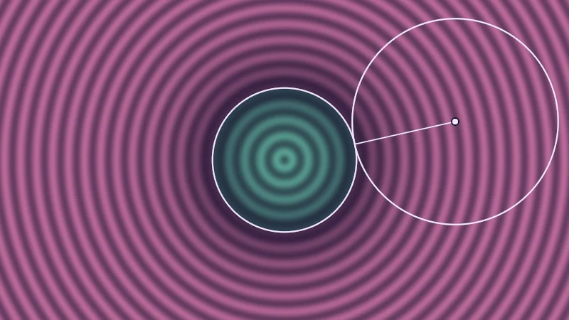 The same demo rendered in Unity. Mint inside and pink outside a circle, striped every 0.1 units, with a draggable point, its distance circle and a line to the edge.