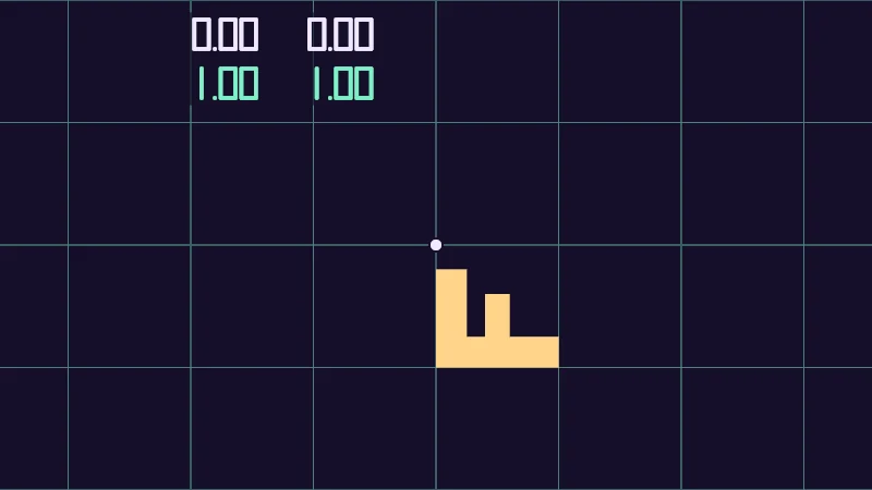 The same demo rendered in Unity. A dot in the middle of a world grid, a turned F with its own mint grid, and the dot's world and object numbers in a corner.