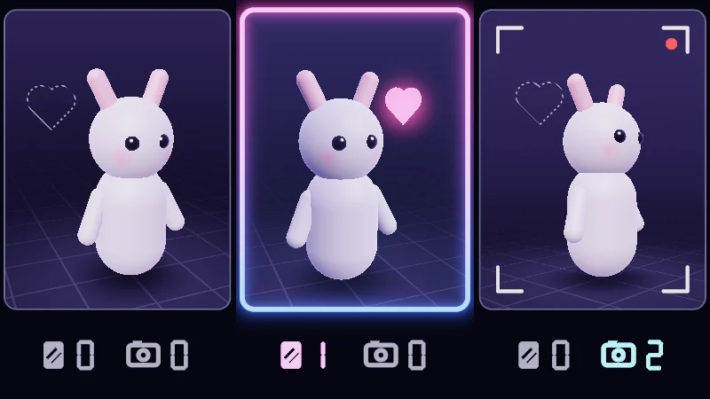 The same demo rendered in Unity. The same bunny three times, as a normal view, a mirror view and a camera view, each with two numbers below it.