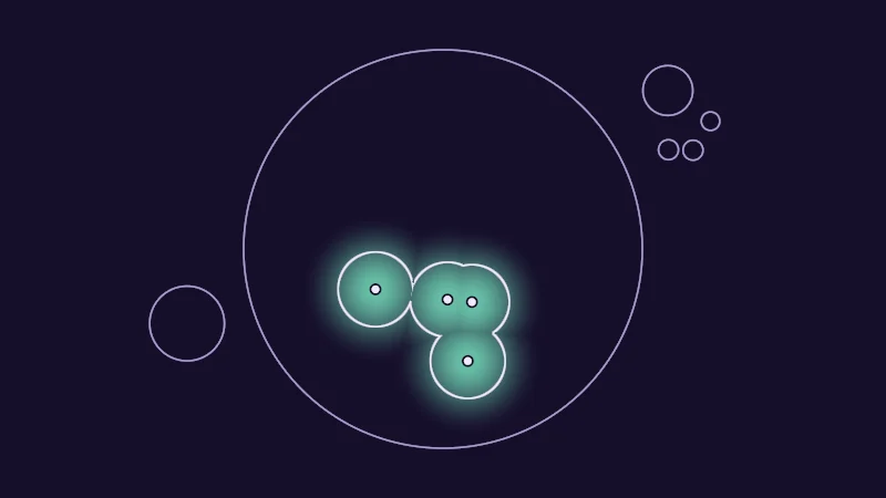 The same demo rendered in Unity. Soft mint shapes around small dots, the written sender positions, with a thin line where the falloff is one half.
