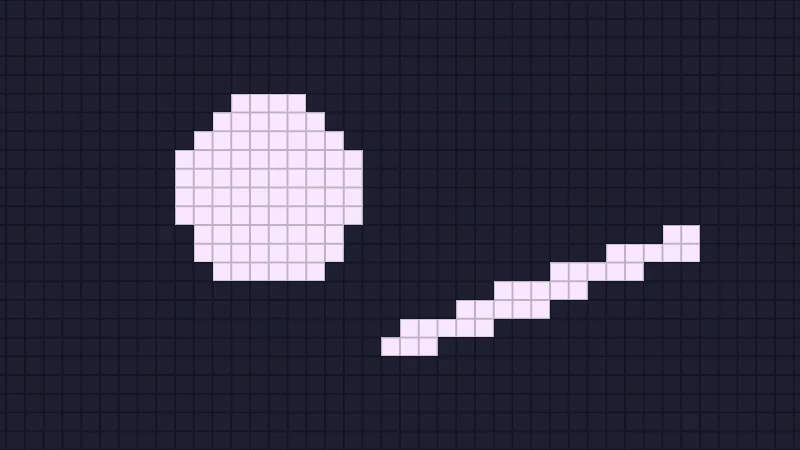 The same demo rendered in Unity. A disc and a slanted bar on a grid of big pixels, shaded with a hard step, a fixed blur or a one pixel blur.