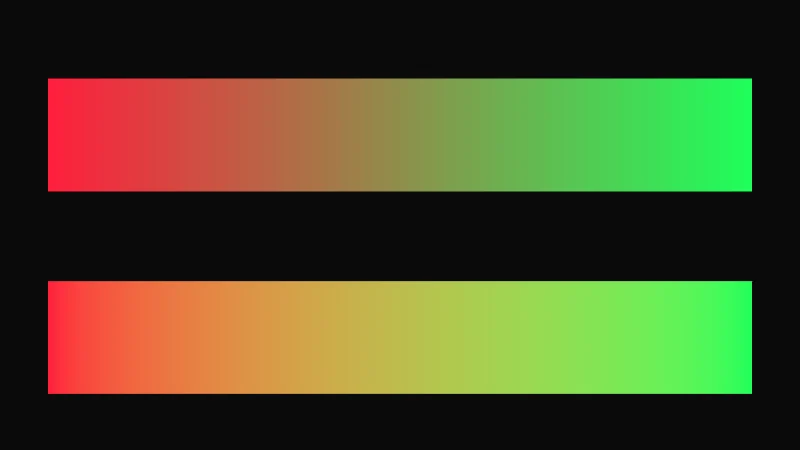 The same demo rendered in Unity. Two red to green gradients, the top one with a dark olive middle and the bottom one bright all the way through a warm yellow.