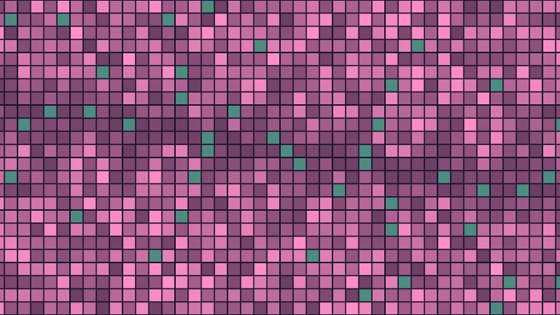 The same demo rendered in Unity. A grid of cells, nearly all pink, with a few scattered mint cells.