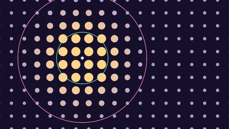 The same demo rendered in Unity. A grid of dots around a draggable viewer, big and butter inside a mint ring, small and lilac outside a pink ring.