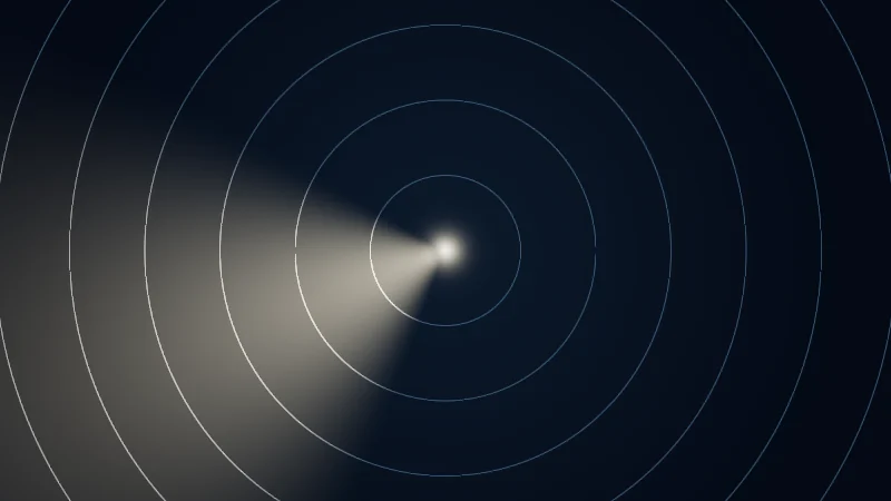 The same demo rendered in Unity. A lighthouse beam from a lamp in the middle sweeps round over dark water and lights up faint range rings.