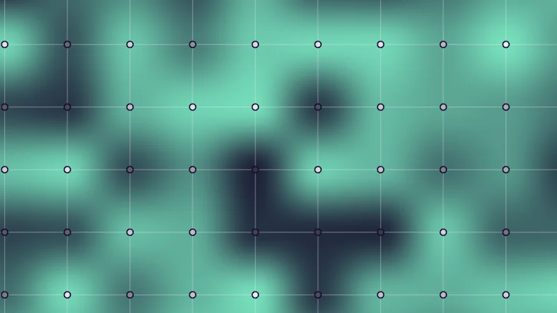 The same demo rendered in Unity. Soft mint blobs of noise over a grid, with a dot on each grid corner shaded by its random height.
