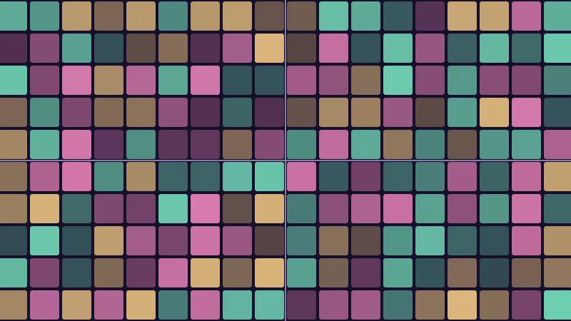 The same demo rendered in Unity. Mint, pink and butter tiles in random shades on a dark grid, with the two axes crossing in the middle.