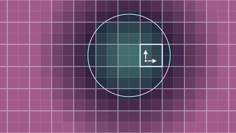 The same demo rendered in Unity. A circle's distance field on big pixels grouped in 2 by 2 blocks, with arrows to the right and upper neighbour in one block.