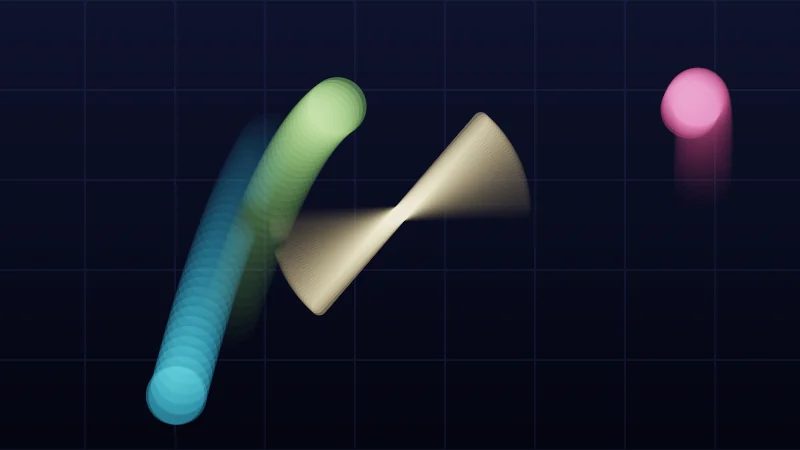 The same demo rendered in Unity. Bouncing coloured balls and a spinning bar, each dragging a soft ghost of where it was a moment ago.