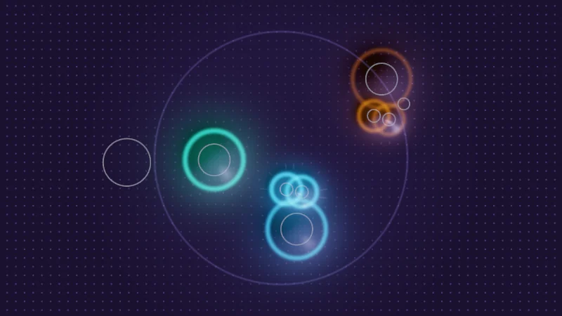 The same demo rendered in Unity. Glowing rings follow the hands on a dotted surface, with gray circles where the real hands are.