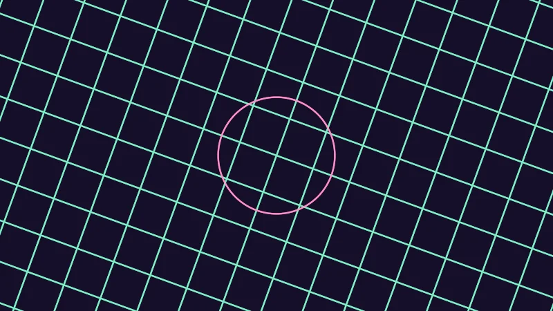 The same demo rendered in Unity. Mint grid lines and a pink circle in zoomable, rotated coordinates, drawn with a fixed width or a width set in pixels.