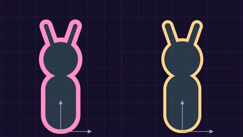 The same demo rendered in Unity. Two toy avatars with outlines and two axis arrows each. The pink outline on the left is thicker than the butter one on the right.