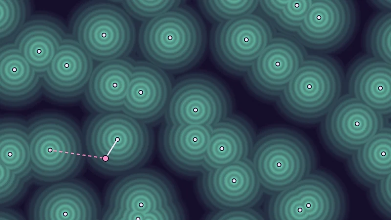 The same demo rendered in Unity. Voronoi cells drawn around random dots, with lines from a draggable point to its nearest and second nearest dot.