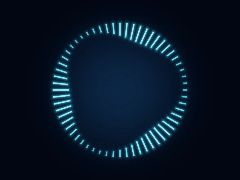 The same demo rendered in Unity. A ring of 60 glowing cyan ticks whose lengths ripple round the circle, each drawn from one rotated shape.