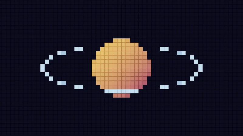 The same demo rendered in Unity. A small golden planet with a thin pale blue ring and a few stars, drawn on a grid of big pixels.