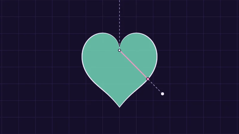 The same demo rendered in Unity. A mint heart with a pink spoke from its centre to its edge; dragging the point changes the spoke's angle.