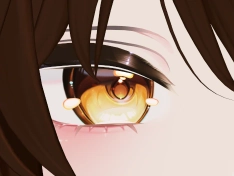 An avatar's eye up close, with small white highlights on its iris and pupil.