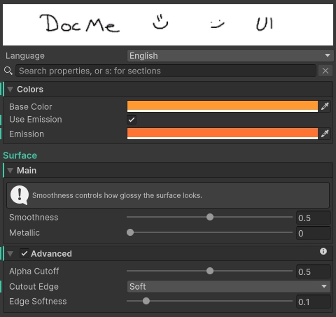 A material inspector drawn by SimpleShaderGUI, with a banner, a language switch, a search box, a help box and sections that fold.